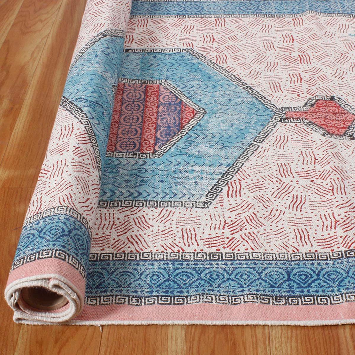 Bordered Hand Block Print Dining Hall Blue Pink Cotton Rug - Indian Rug Store