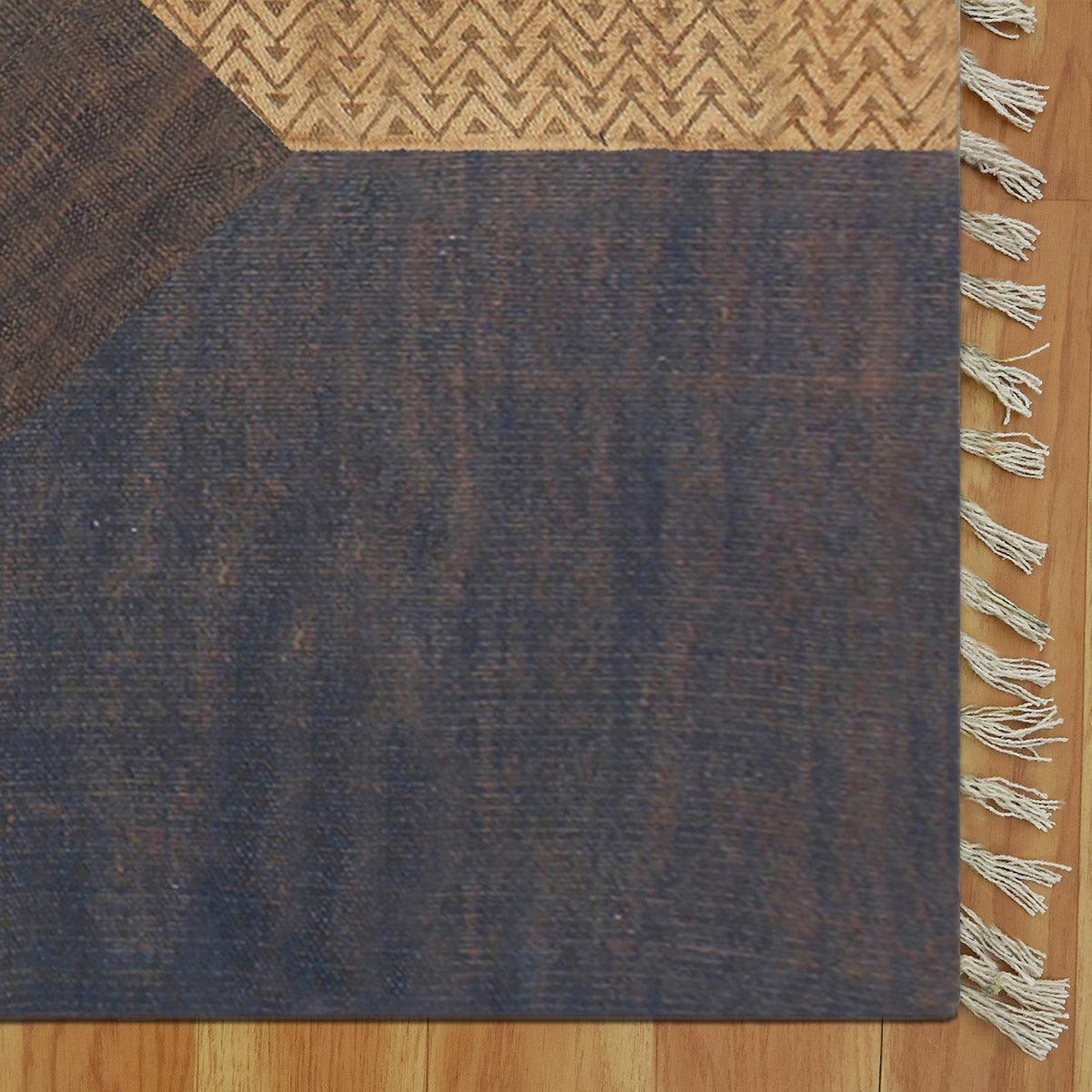 Oriental Thread Work Brown Blue Indoor Cotton Dhurries