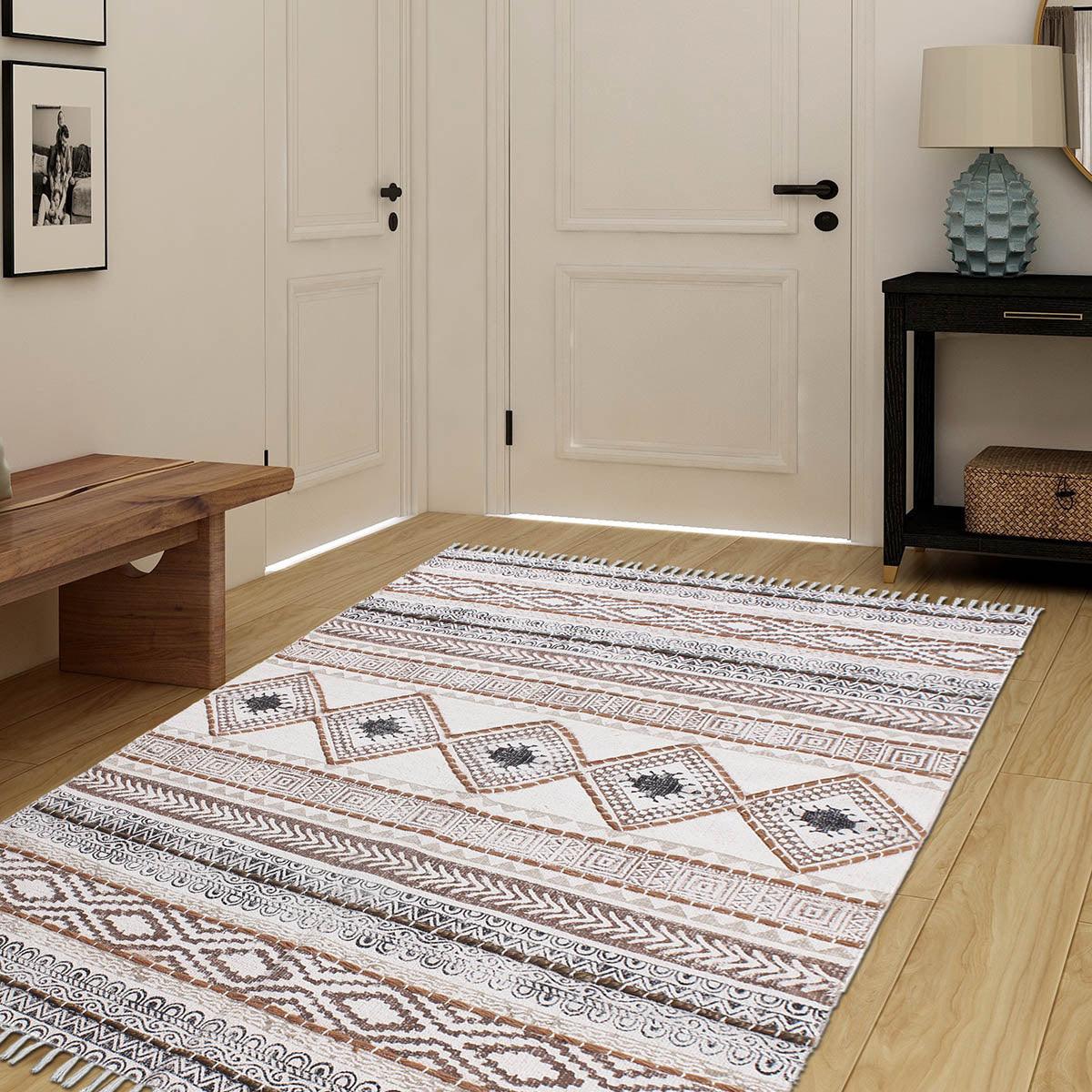 Geometric Thread Work Brown Beige Hallway Cotton Dhuree - Indian Rug Store