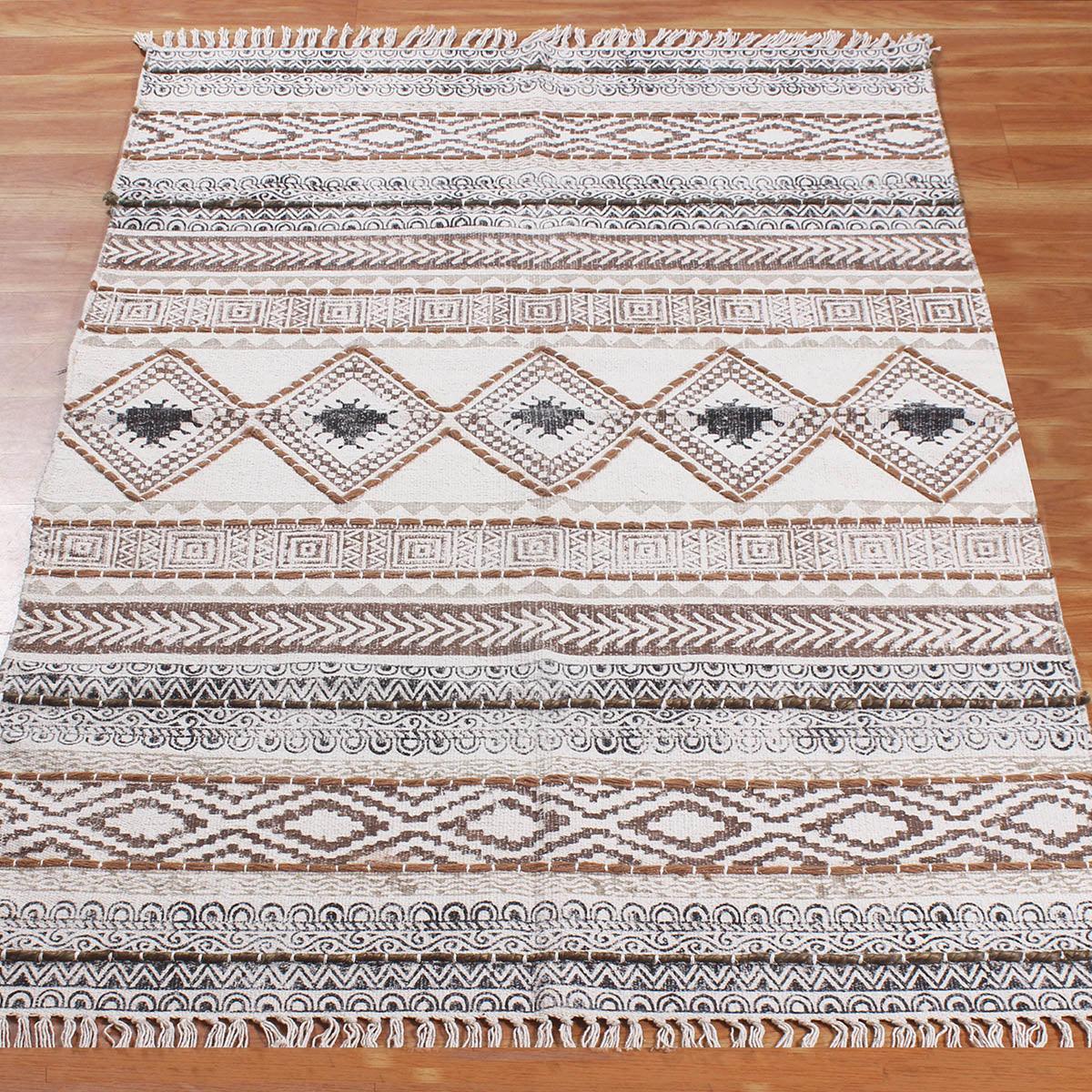 Geometric Thread Work Brown Beige Hallway Cotton Dhuree - Indian Rug Store