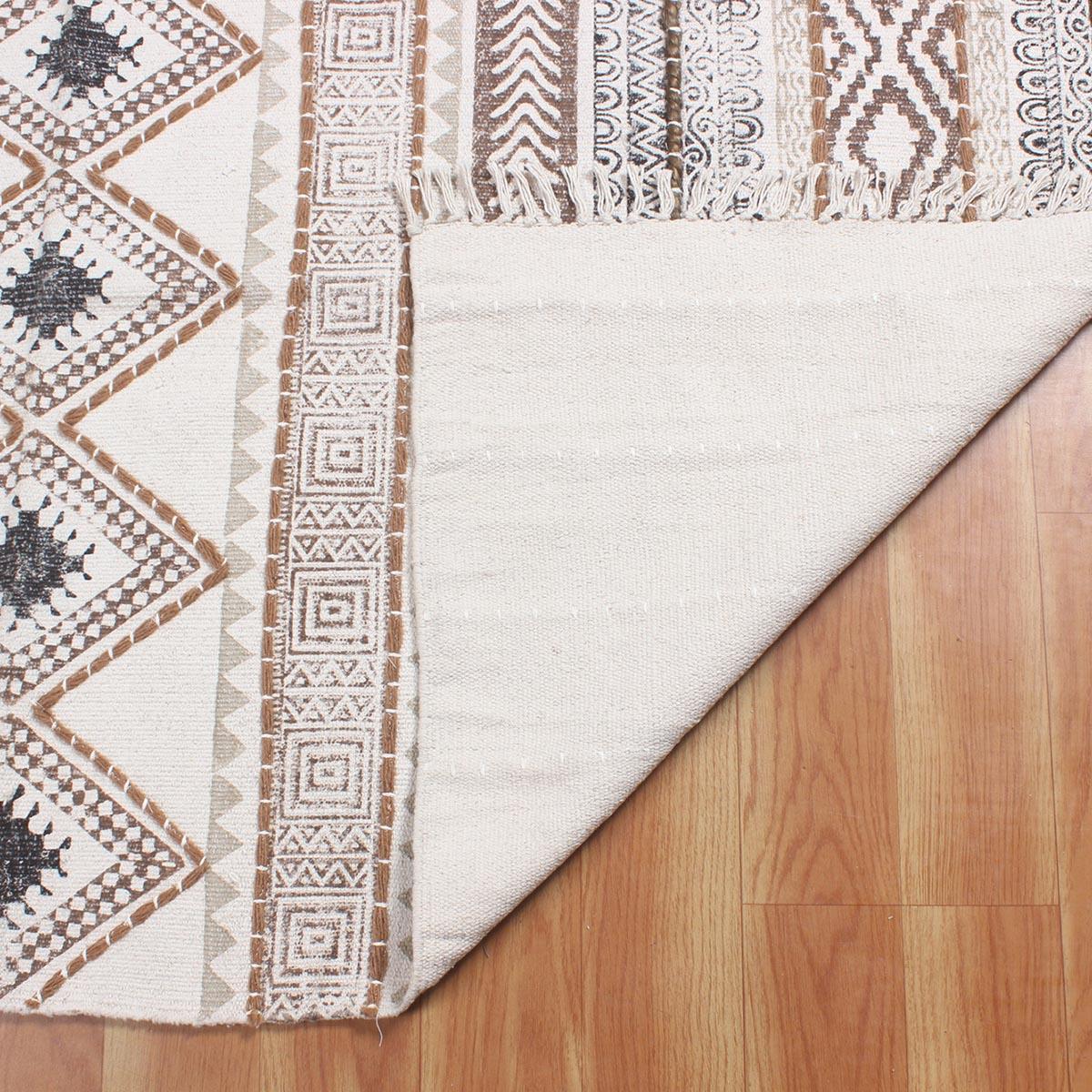 Geometric Thread Work Brown Beige Hallway Cotton Dhuree - Indian Rug Store