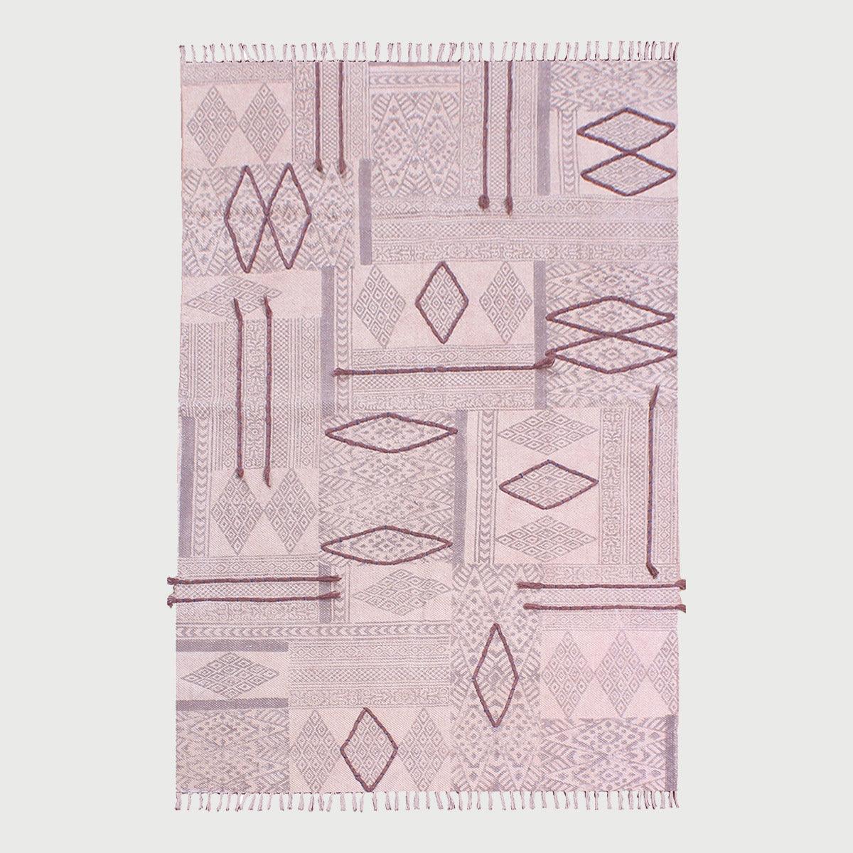 Abstract Thread Work Brown Beige Hallway Cotton Dhuree - Indian Rug Store