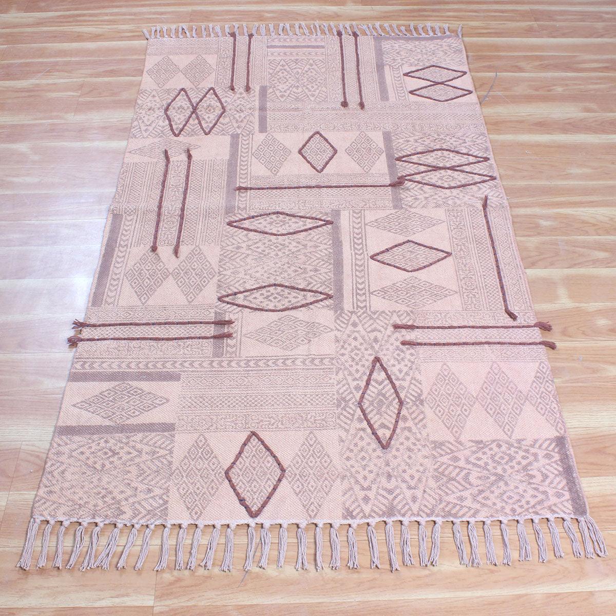 Abstract Thread Work Brown Beige Hallway Cotton Dhuree - Indian Rug Store