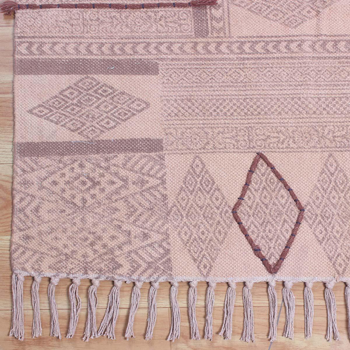 Abstract Thread Work Brown Beige Hallway Cotton Dhuree - Indian Rug Store