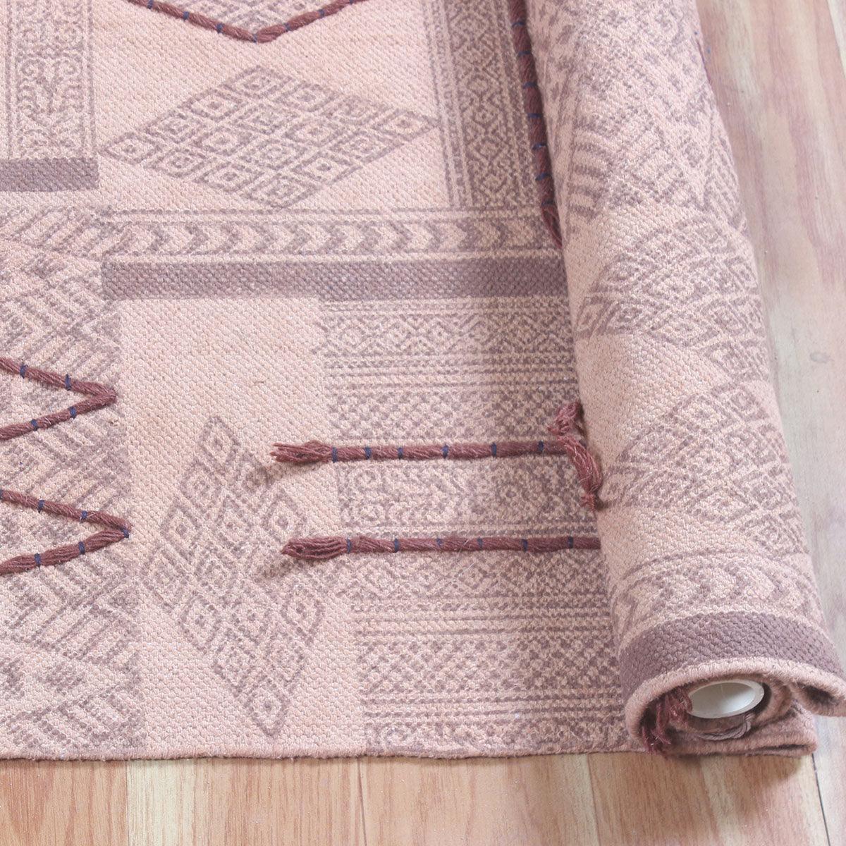 Abstract Thread Work Brown Beige Hallway Cotton Dhuree - Indian Rug Store