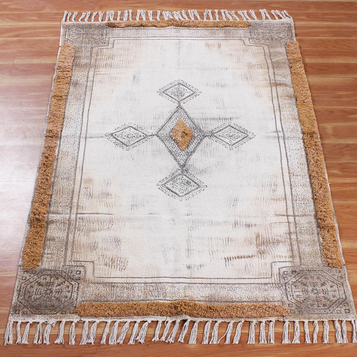 Bordered Hand Tufted Brown Beige Hallway Cotton Dhuree - Indian Rug Store