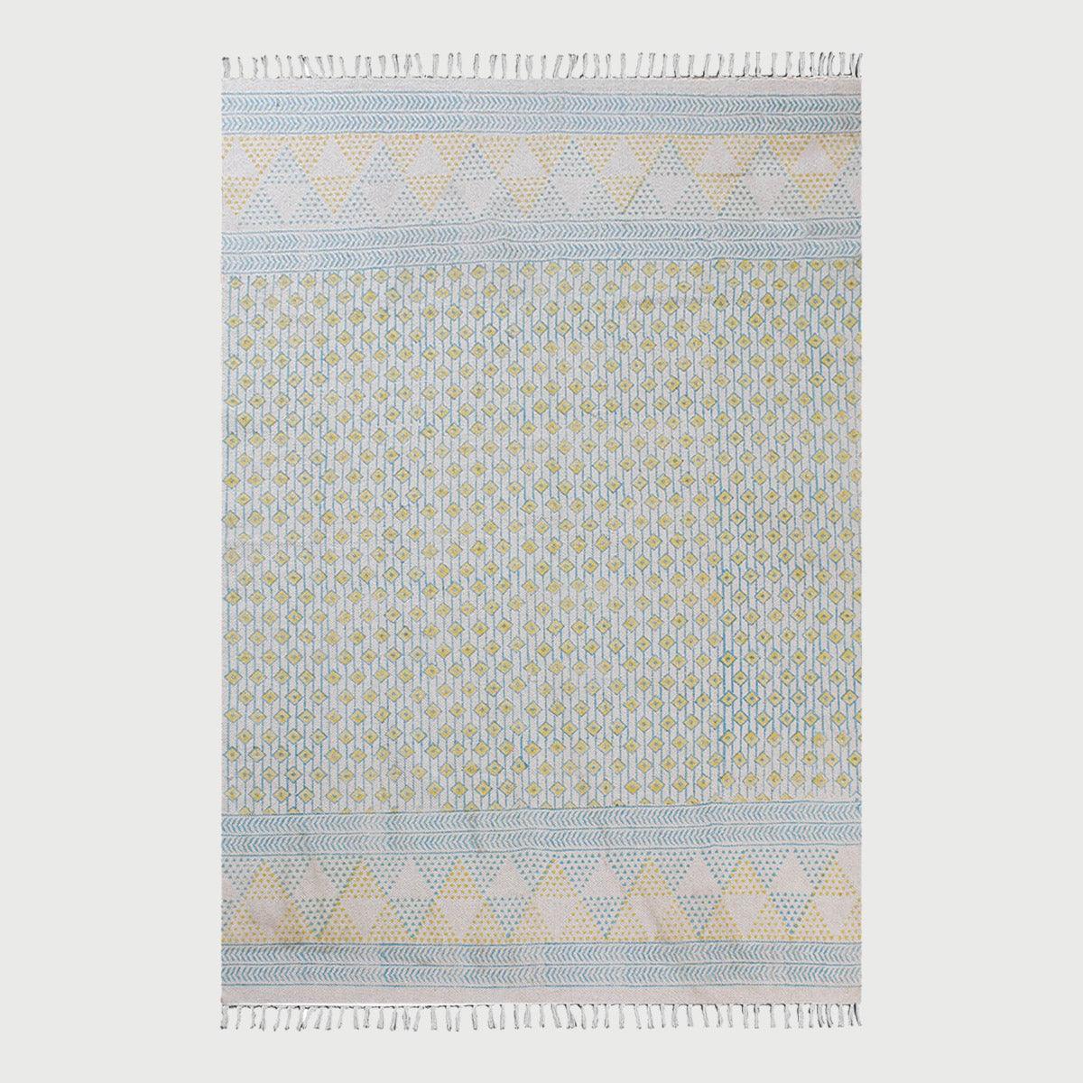 Hand Block Print Work Yellow Blue Geometric Trendy Cotton Rug - Indian Rug Store