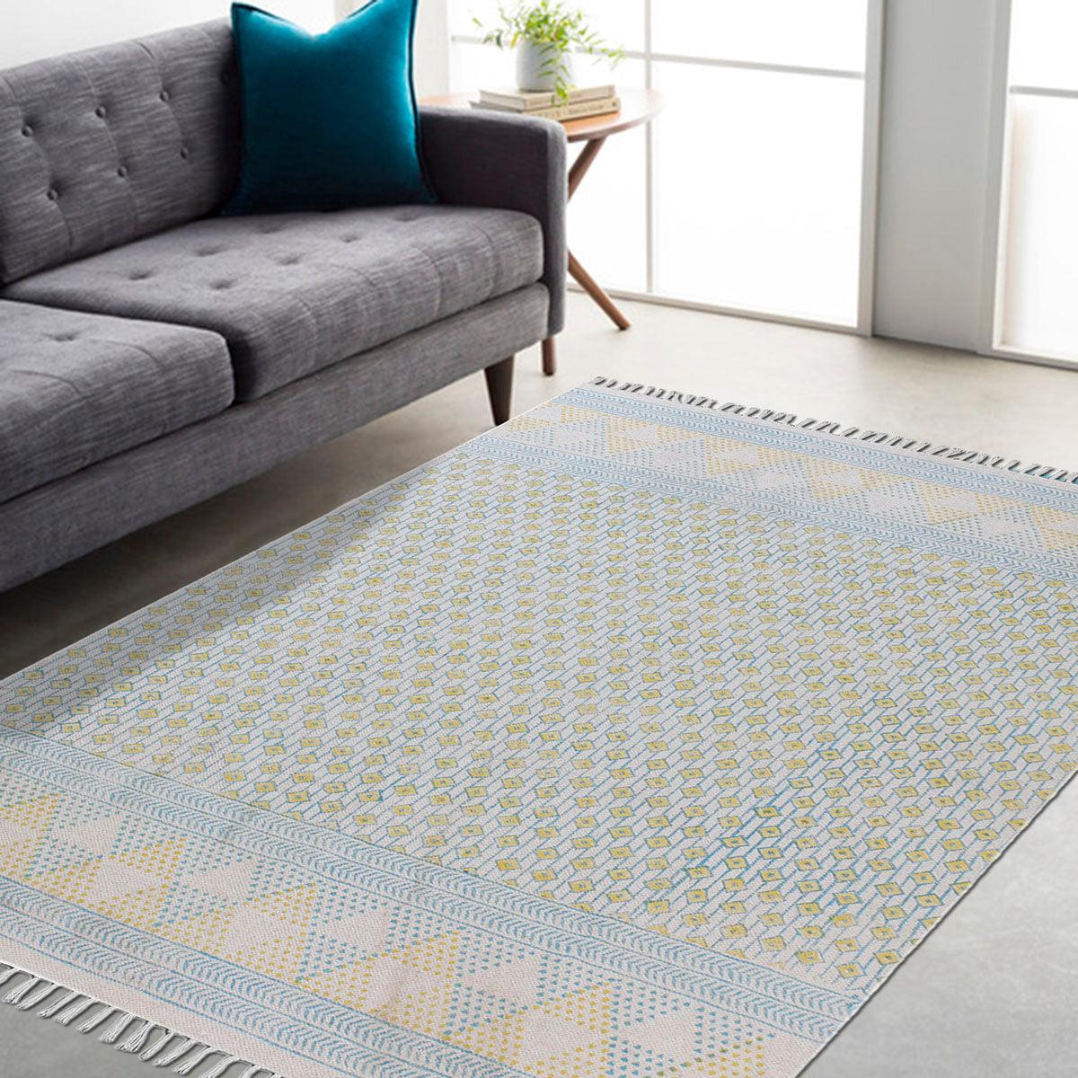 Hand Block Print Work Yellow Blue Geometric Trendy Cotton Rug - Indian Rug Store