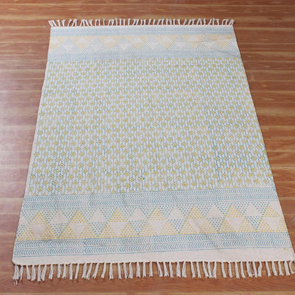 Hand Block Print Work Yellow Blue Geometric Trendy Cotton Rug - Indian Rug Store