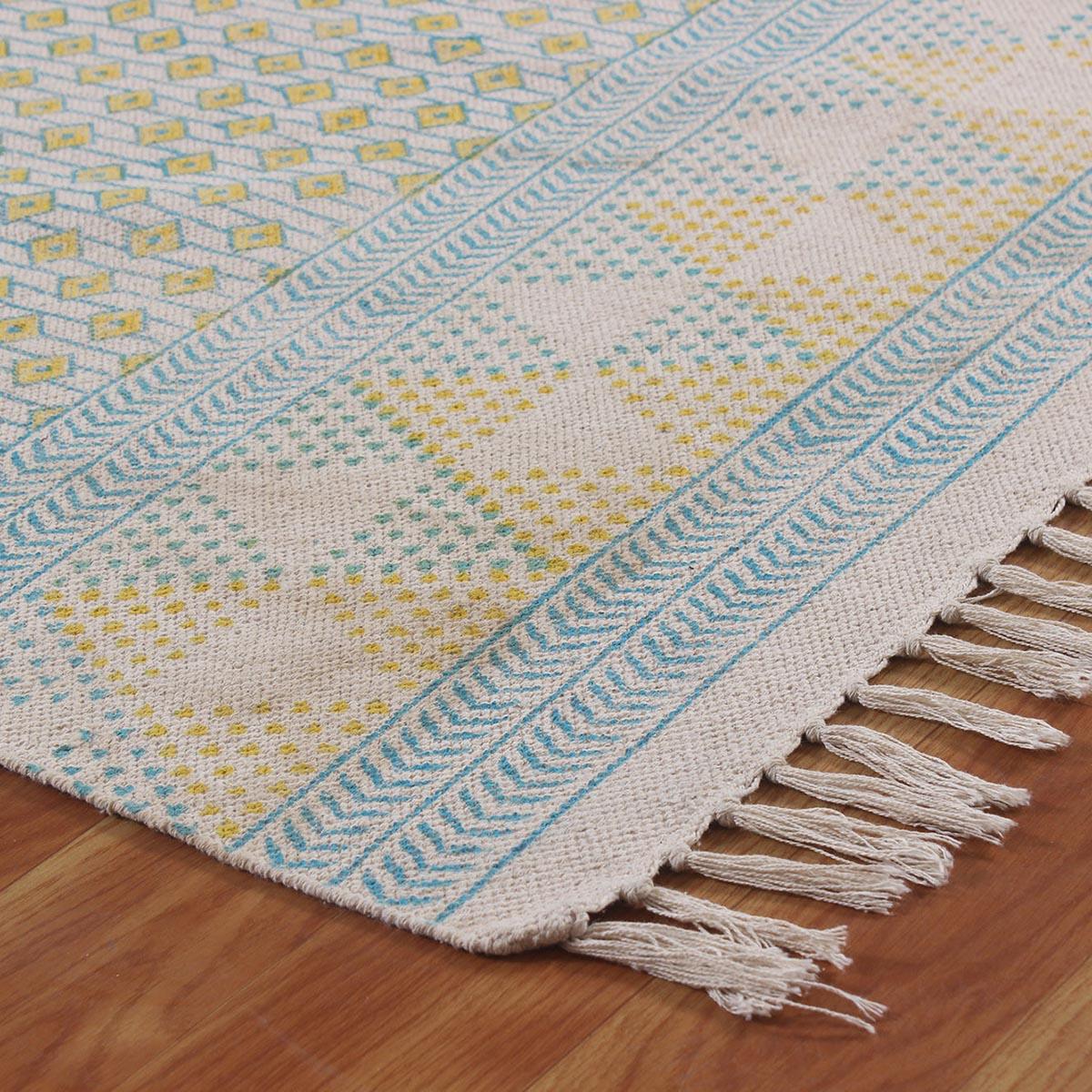 Hand Block Print Work Yellow Blue Geometric Trendy Cotton Rug - Indian Rug Store