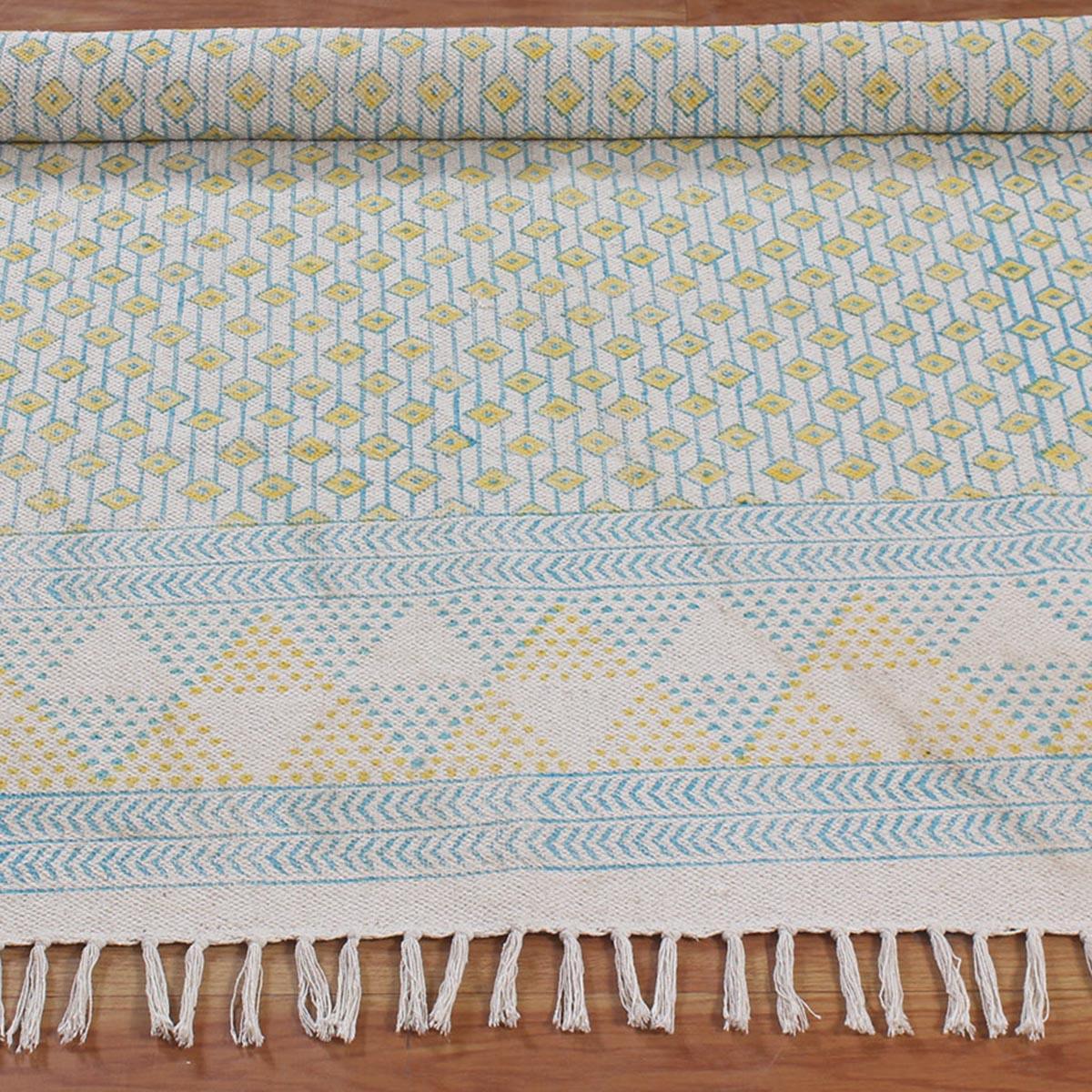 Hand Block Print Work Yellow Blue Geometric Trendy Cotton Rug - Indian Rug Store