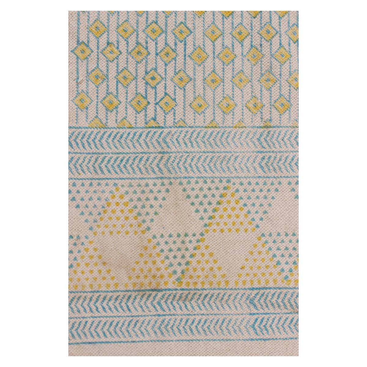 Hand Block Print Work Yellow Blue Geometric Trendy Cotton Rug - Indian Rug Store