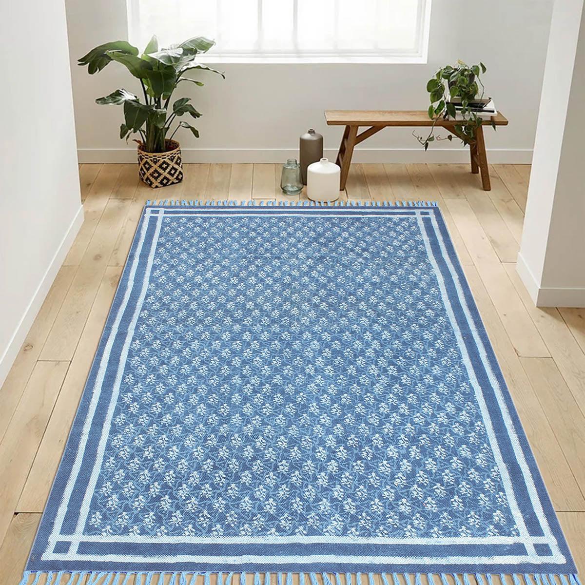 Hand Block Print Work Blue Bordered Trendy Cotton Rug - Indian Rug Store