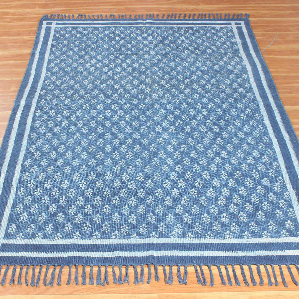 Hand Block Print Work Blue Bordered Trendy Cotton Rug - Indian Rug Store