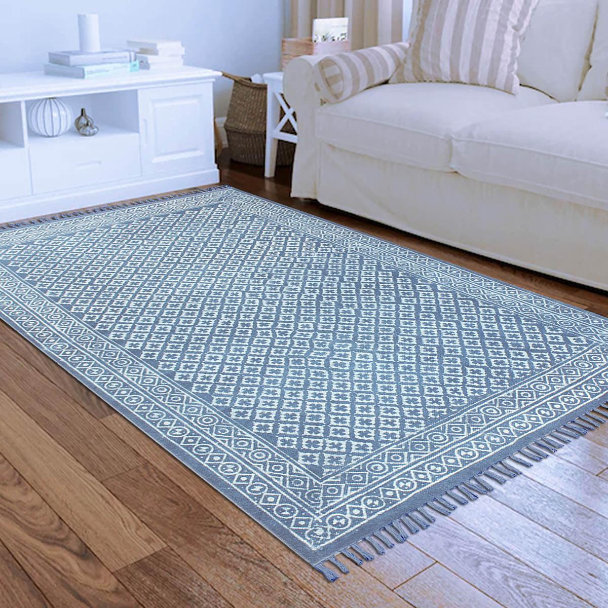 Hand Block Print Work Blue Abstract Trendy Cotton Rug - Indian Rug Store