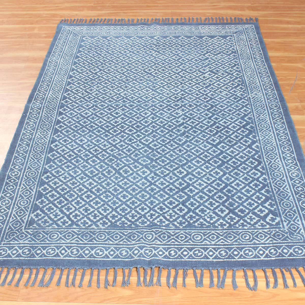 Hand Block Print Work Blue Abstract Trendy Cotton Rug - Indian Rug Store