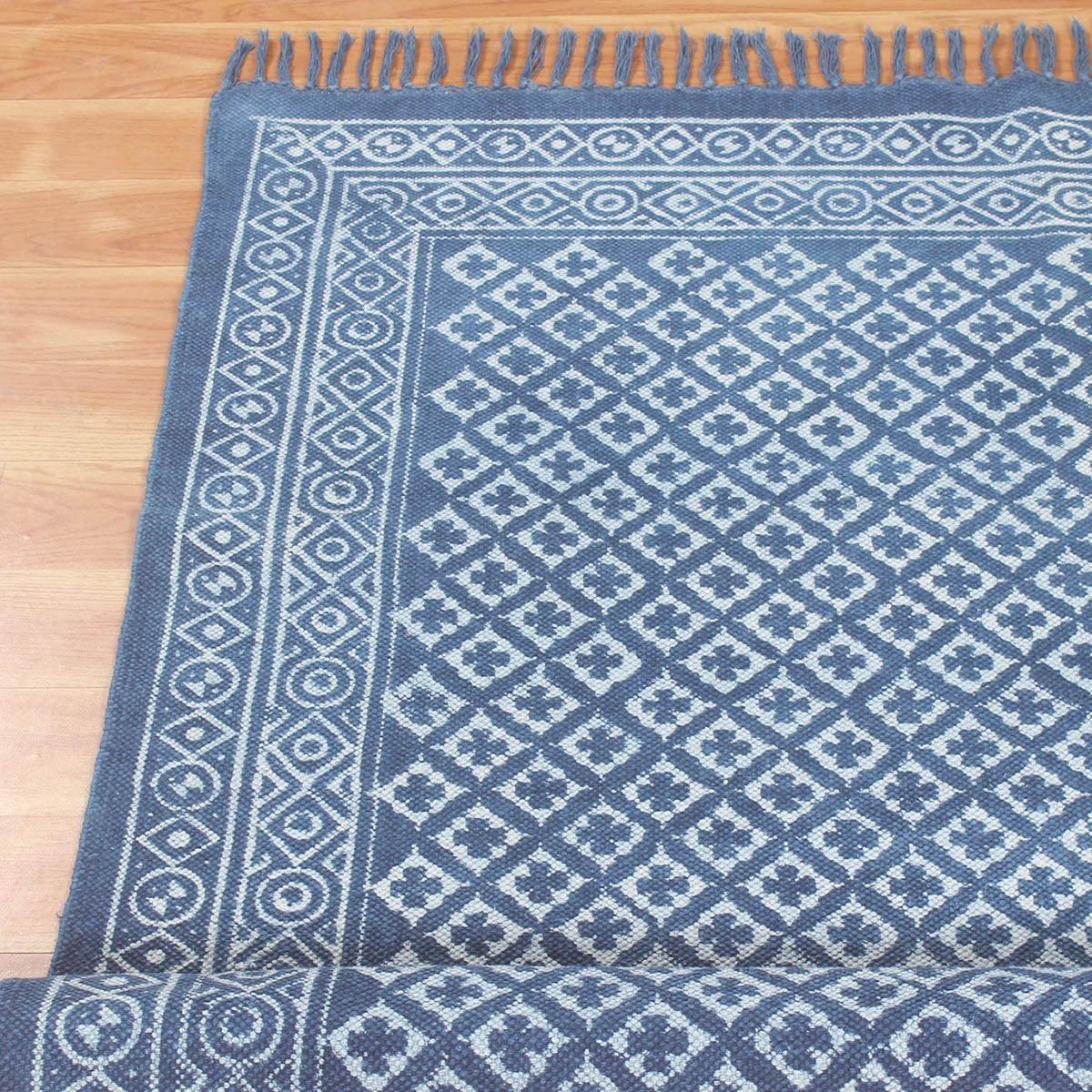 Hand Block Print Work Blue Abstract Trendy Cotton Rug - Indian Rug Store