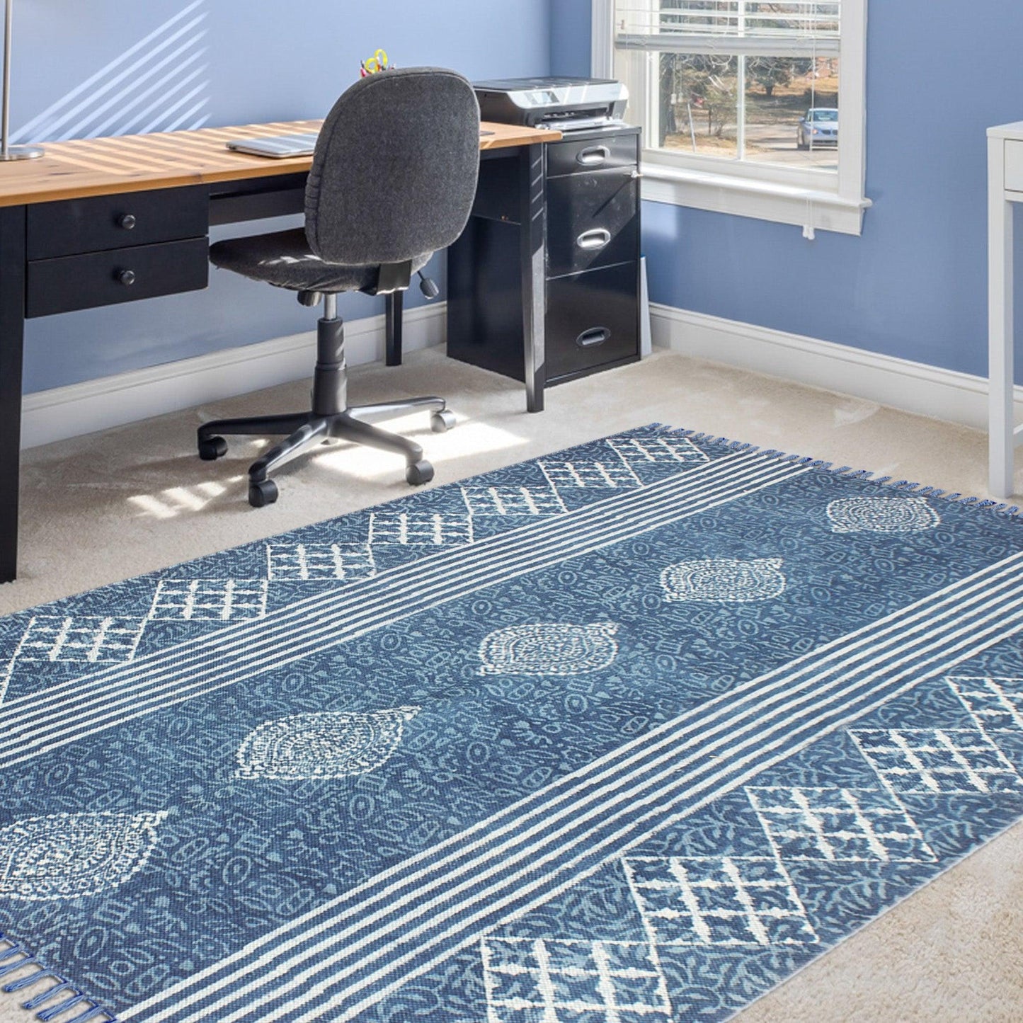 Hand Block Print Work Blue Geometric Trendy Cotton Rug