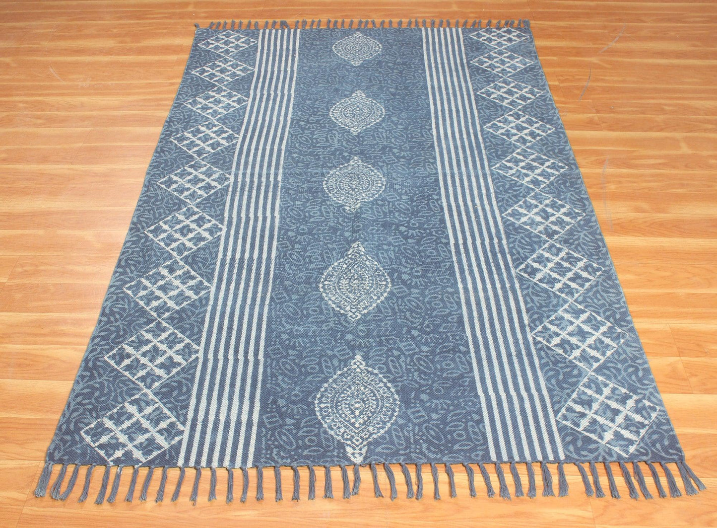 Hand Block Print Work Blue Geometric Trendy Cotton Rug