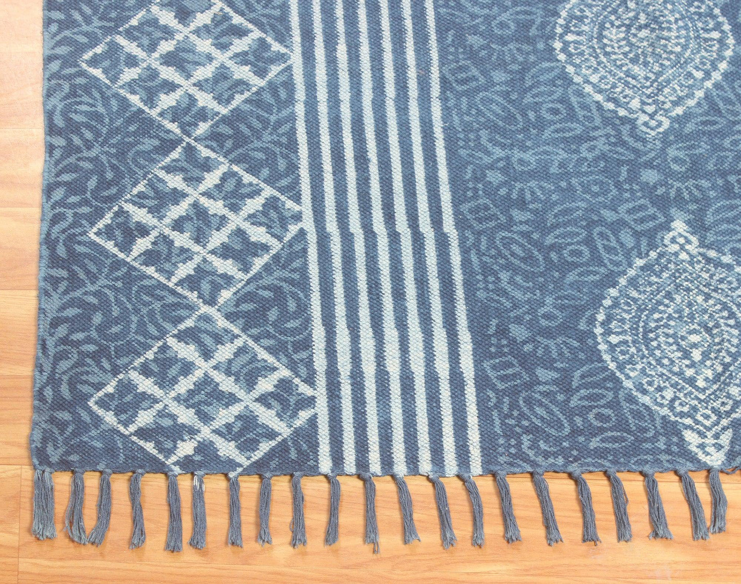 Hand Block Print Work Blue Geometric Trendy Cotton Rug