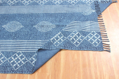 Hand Block Print Work Blue Geometric Trendy Cotton Rug