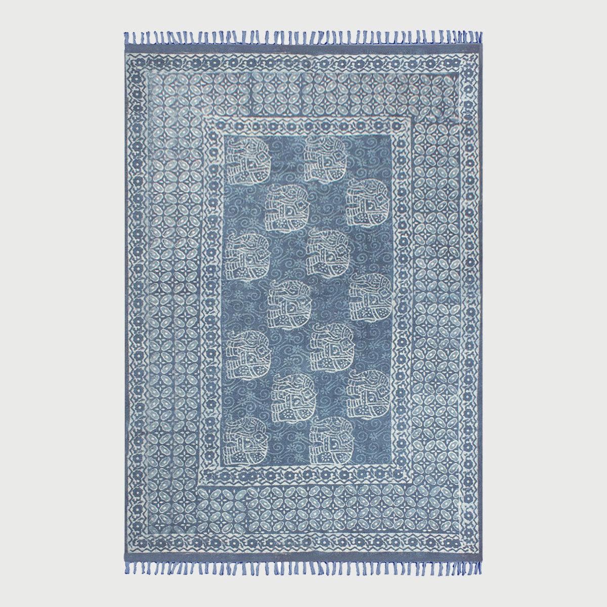 Hand Block Print Work Blue Geometric Trendy Bedroom Decor Cotton Rug