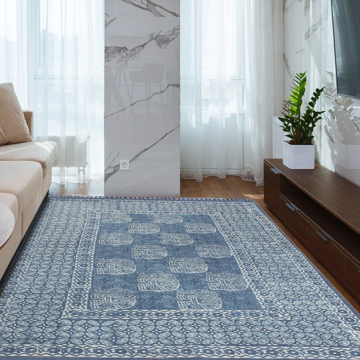 Hand Block Print Work Blue Geometric Trendy Bedroom Decor Cotton Rug