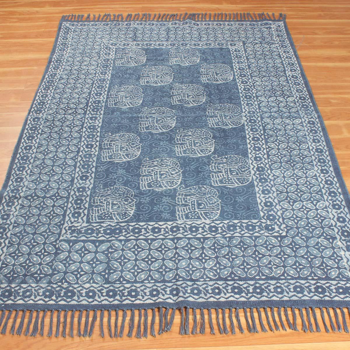 Hand Block Print Work Blue Geometric Trendy Bedroom Decor Cotton Rug