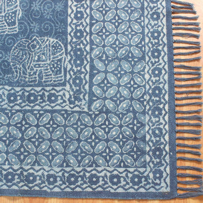 Hand Block Print Work Blue Geometric Trendy Bedroom Decor Cotton Rug