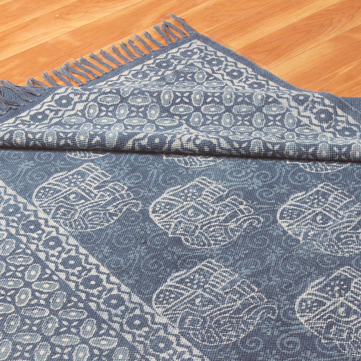 Hand Block Print Work Blue Geometric Trendy Bedroom Decor Cotton Rug