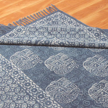 Hand Block Print Work Blue Geometric Trendy Bedroom Decor Cotton Rug