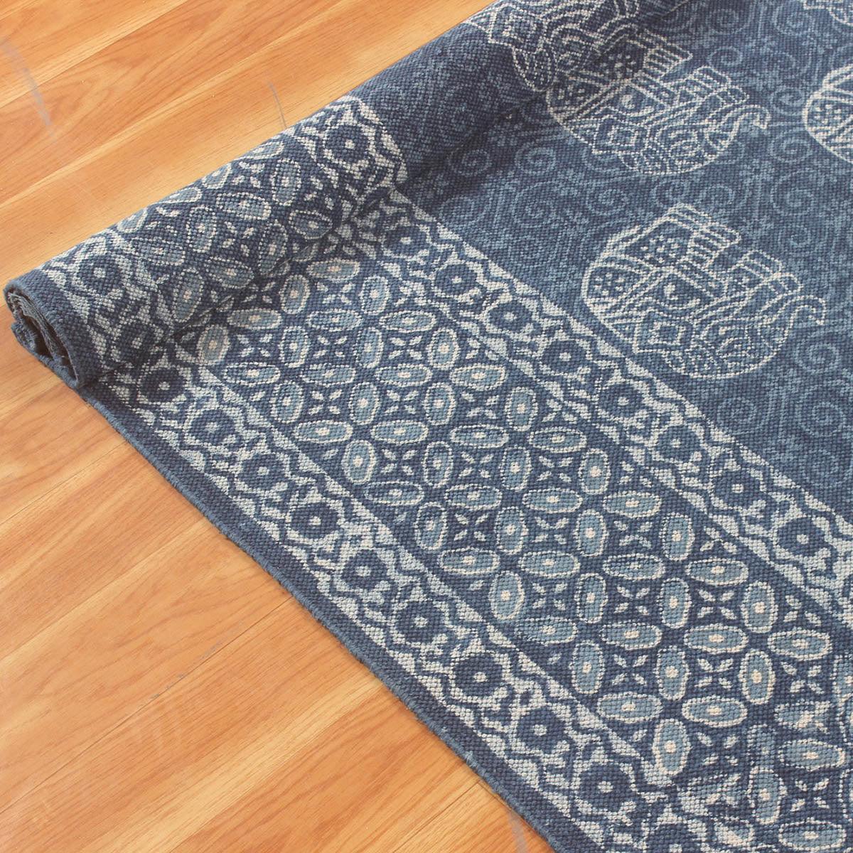 Hand Block Print Work Blue Geometric Trendy Bedroom Decor Cotton Rug