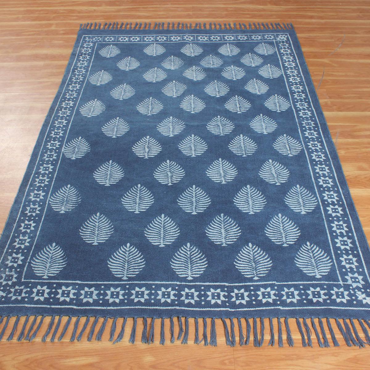 Hand Block Print Work Blue Bordered Trendy Bedroom Decor Cotton Rug