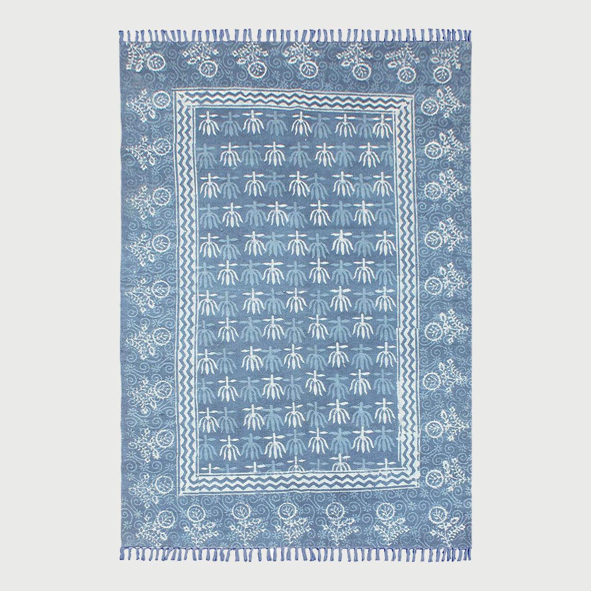 Hand Block Print Work Blue Bordered Trendy Farmhouse Decor Cotton Rug