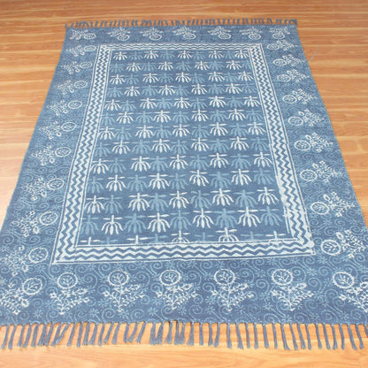 Hand Block Print Work Blue Bordered Trendy Farmhouse Decor Cotton Rug