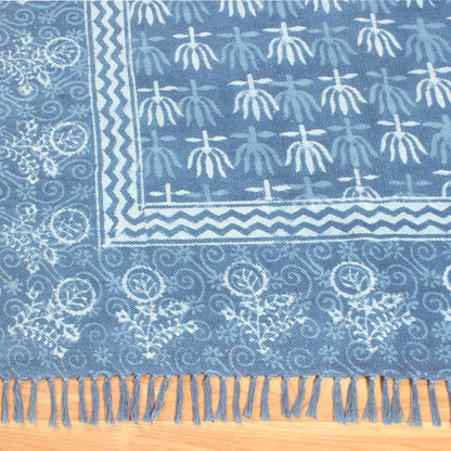 Hand Block Print Work Blue Bordered Trendy Farmhouse Decor Cotton Rug