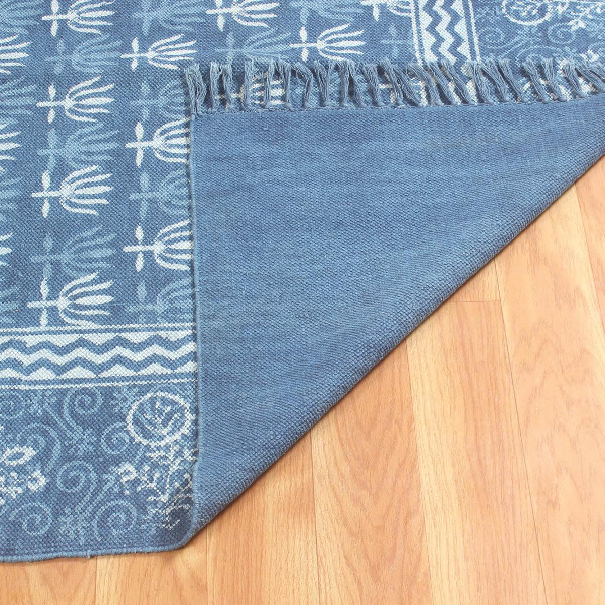 Hand Block Print Work Blue Bordered Trendy Farmhouse Decor Cotton Rug