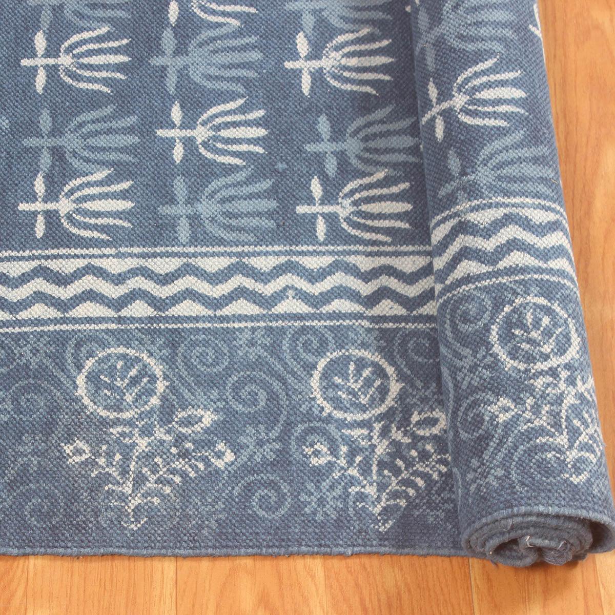 Hand Block Print Work Blue Bordered Trendy Farmhouse Decor Cotton Rug