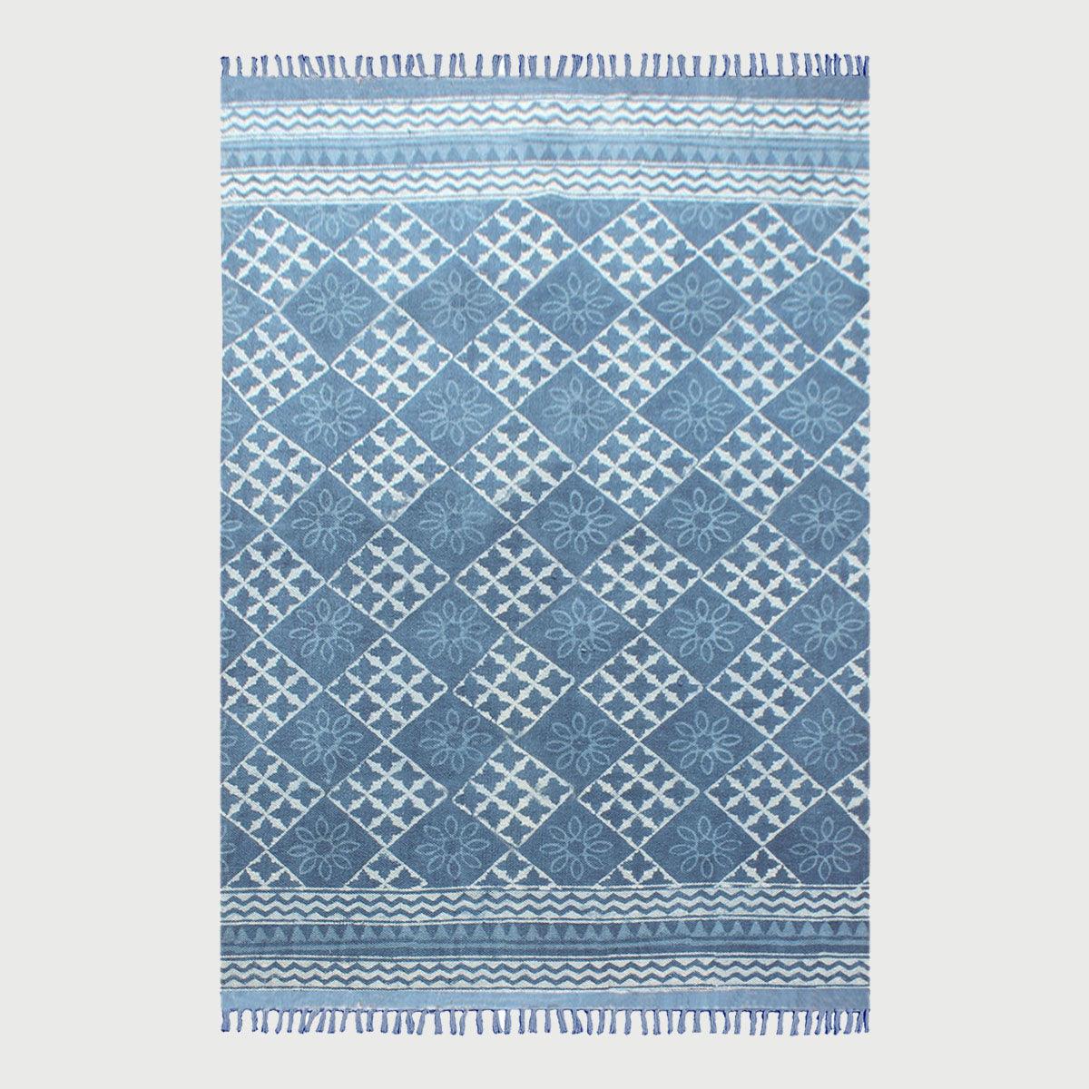 Tappeto di cotone con stampa a blocchi a mano, stile marocchino, blu, alla moda, stile fattoria