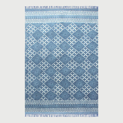 Hand Block Print Work Blue Moroccan Trendy Farmhouse Decor Cotton Rug