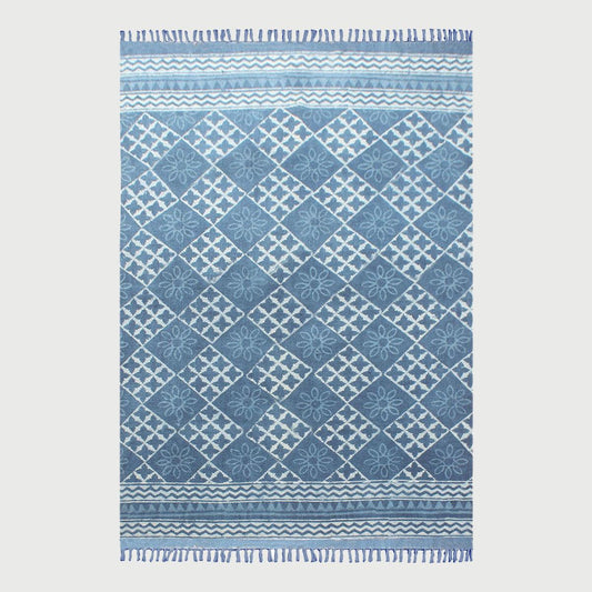 Hand Block Print Work Blue Moroccan Trendy Farmhouse Decor Cotton Rug