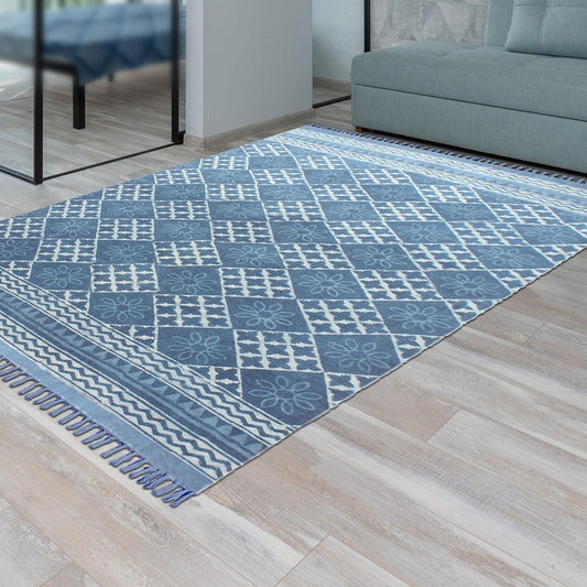 Tappeto di cotone con stampa a blocchi a mano, stile marocchino, blu, alla moda, stile fattoria Tappeto di cotone con stampa a blocchi a mano, stile marocchino, blu, alla moda, stile fattoria