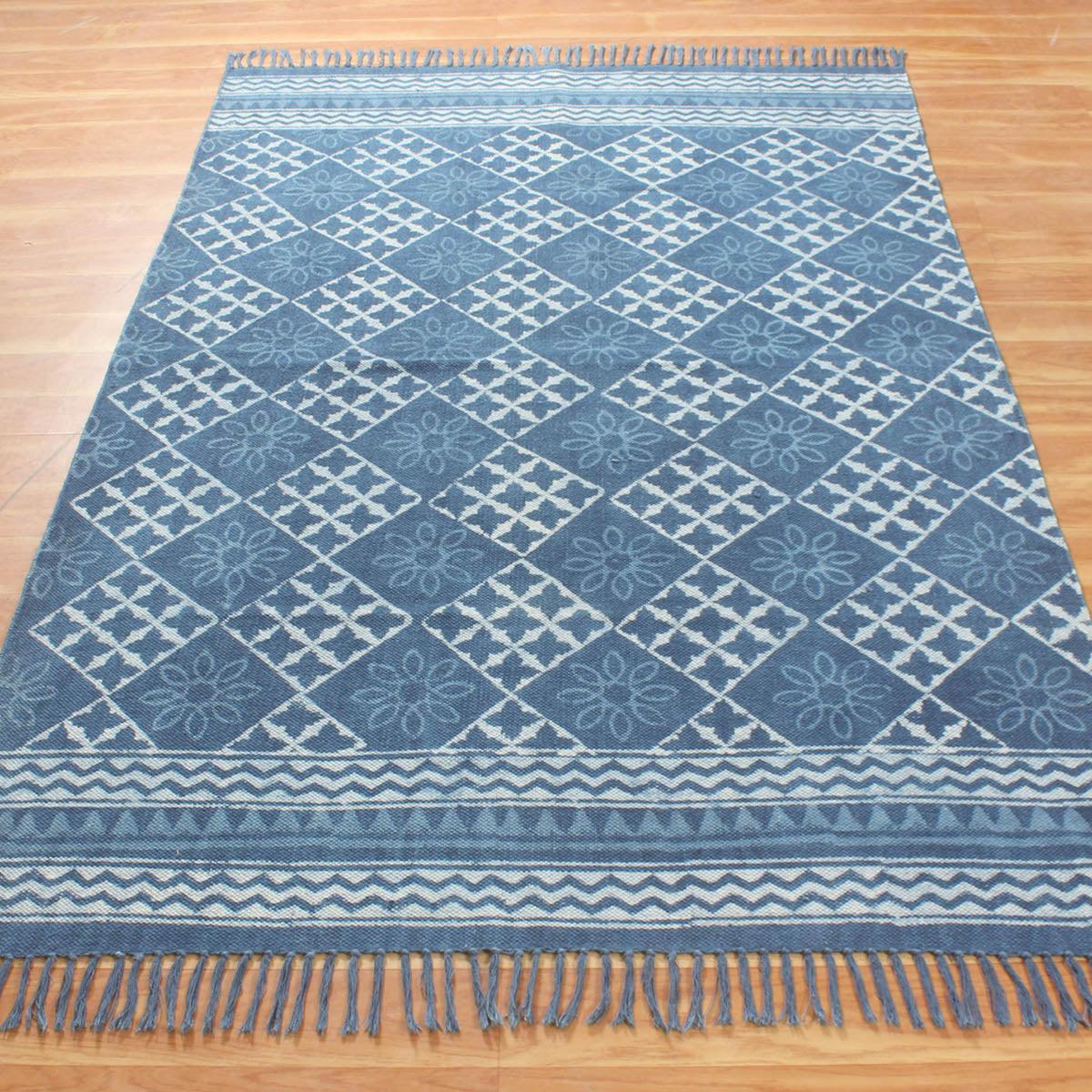 Hand Block Print Work Blue Moroccan Trendy Farmhouse Decor Cotton Rug