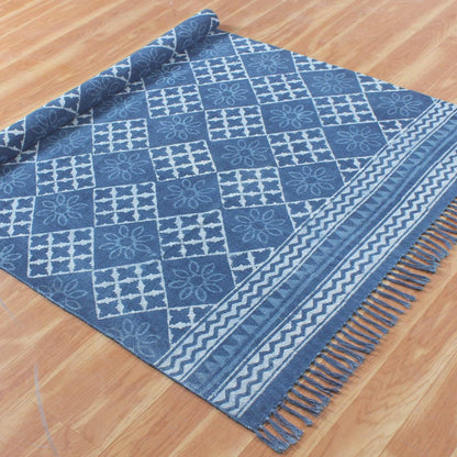 Hand Block Print Work Blue Moroccan Trendy Farmhouse Decor Cotton Rug