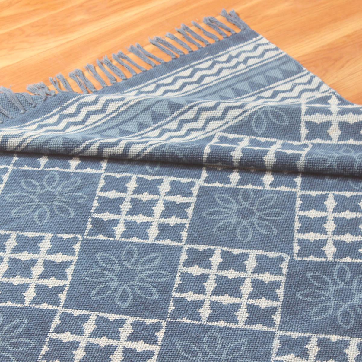 Hand Block Print Work Blue Moroccan Trendy Farmhouse Decor Cotton Rug