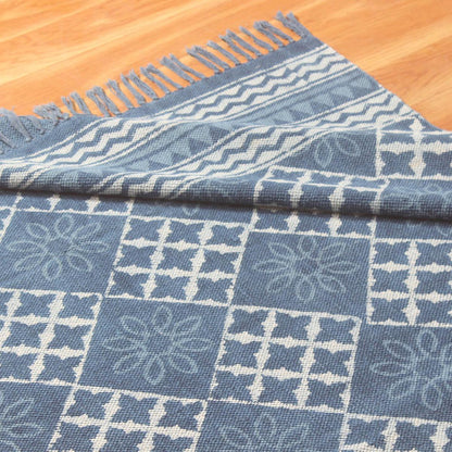 Hand Block Print Work Blue Moroccan Trendy Farmhouse Decor Cotton Rug