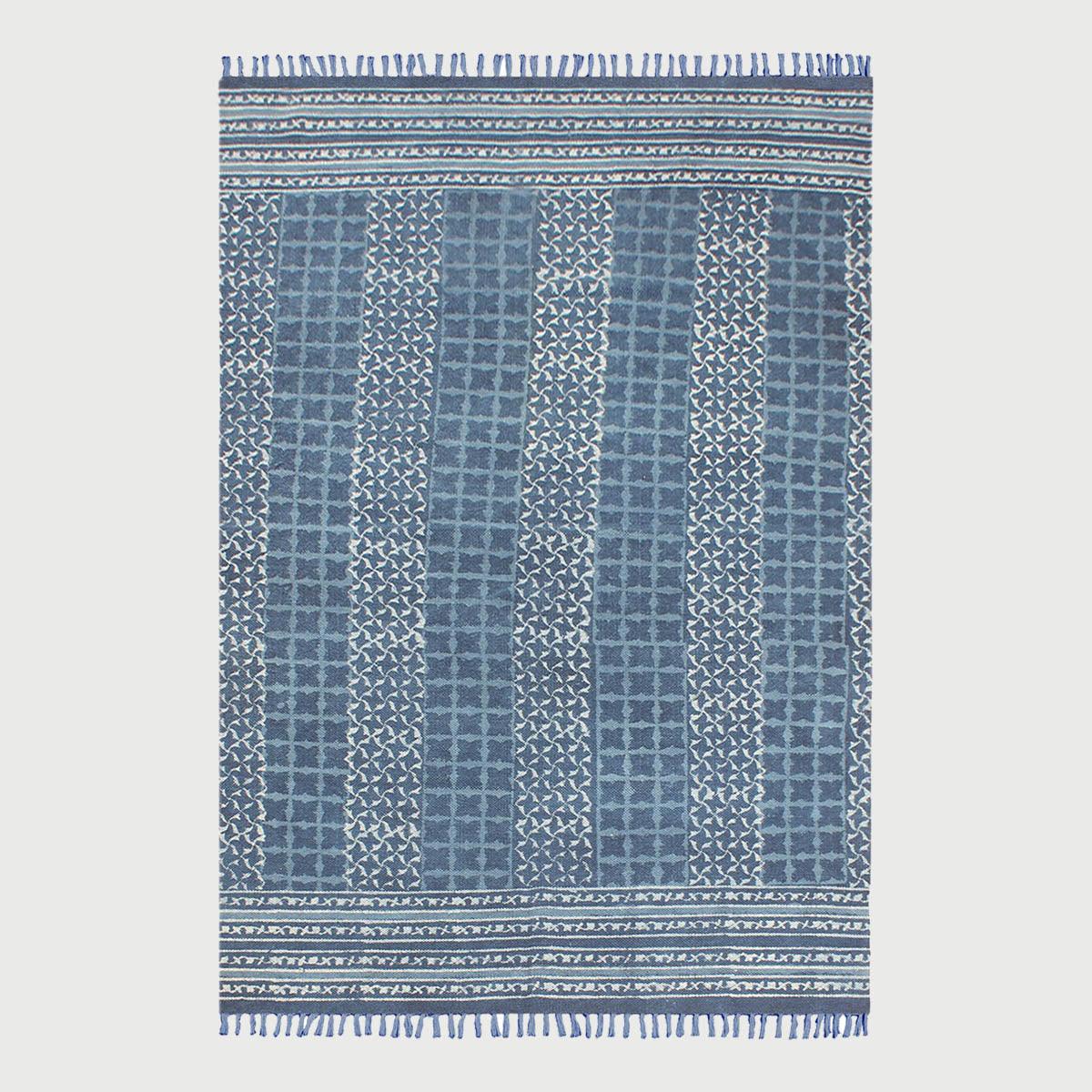 Blue Hand Block Print Work Geometric Trendy Bedroom Decor Cotton Rug