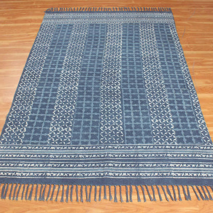 Blue Hand Block Print Work Geometric Trendy Bedroom Decor Cotton Rug