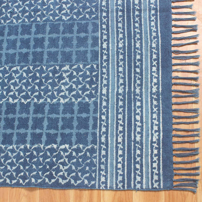 Blue Hand Block Print Work Geometric Trendy Bedroom Decor Cotton Rug