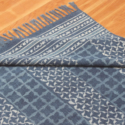 Blue Hand Block Print Work Geometric Trendy Bedroom Decor Cotton Rug